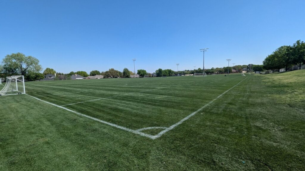Freshly mowed, striped grass soccer field at Green Valley Park with a goal and field lights