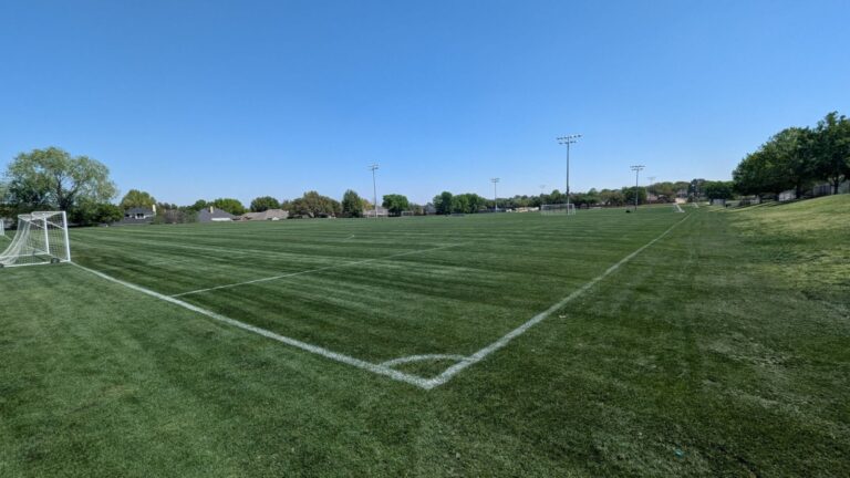 Freshly mowed, striped grass soccer field at Green Valley Park with a goal and field lights